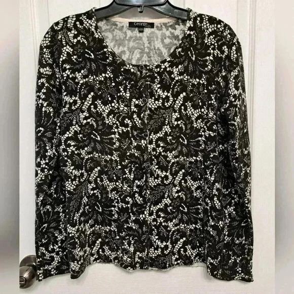 George Sweater Black and White Print Cardigan Medium Crewneck Button Front - Picture 9 of 11
